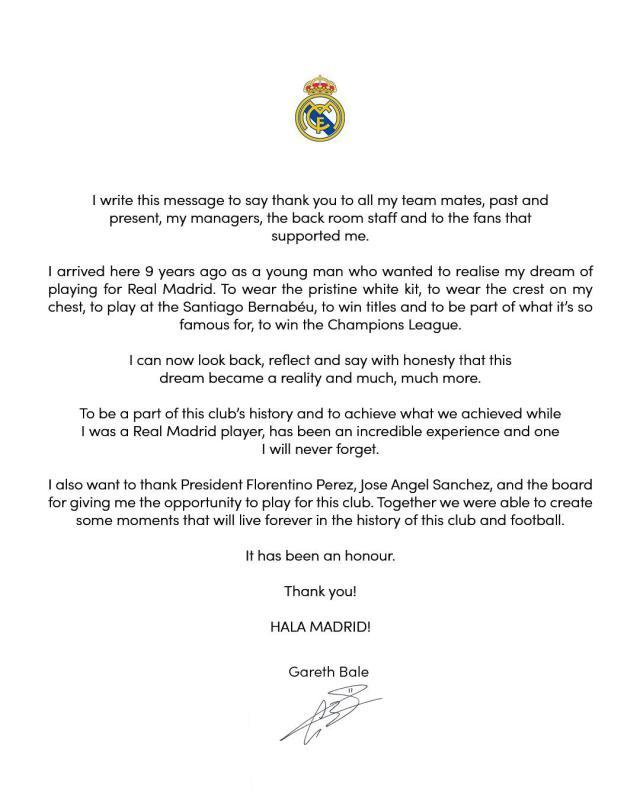 B体育APP-贝尔发文告别皇马：我们一起创造了历史，谢谢！